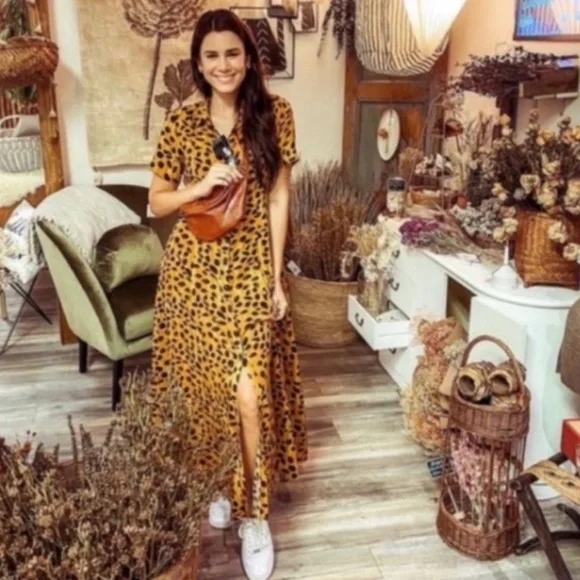 Anthropologie Porridge Vianne Leopard Maxi ShirtDress Orange 8 NWT